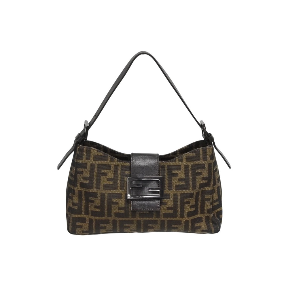 FENDI Mamma Bucket One Shoulder Hobo Bag Zucca Canvas Leather Brown
